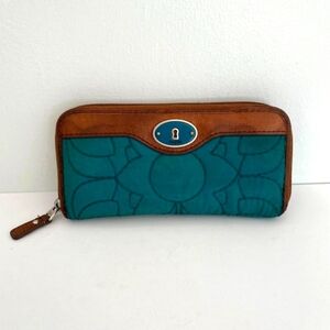 Fossil Key-per Teal Quilted & Leather Zip Wallet